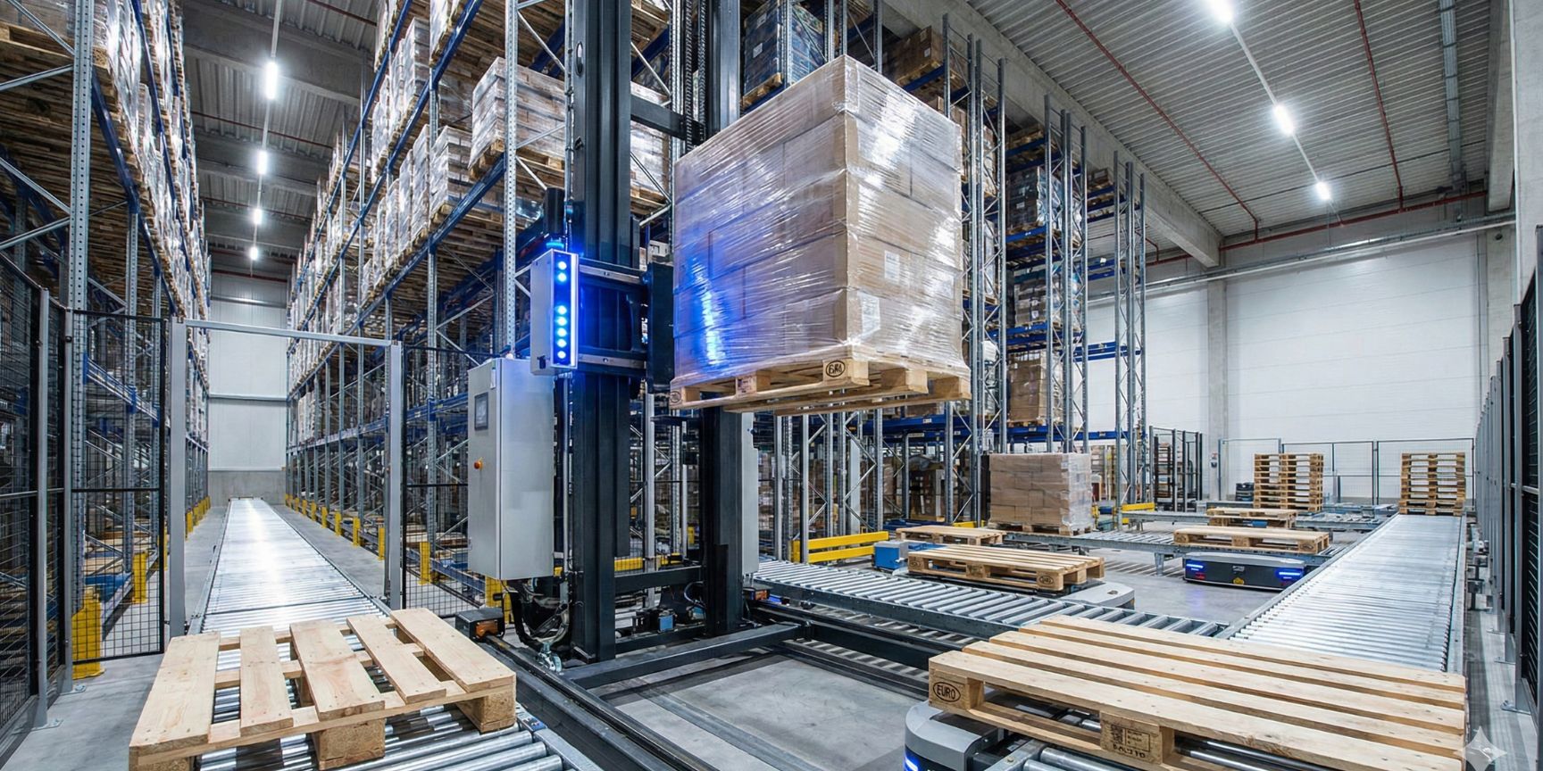 Automatic stacker crane lifts a foiled Euro pallet in a modern high-bay warehouse while empty pallets are transported on a conveyor line.
